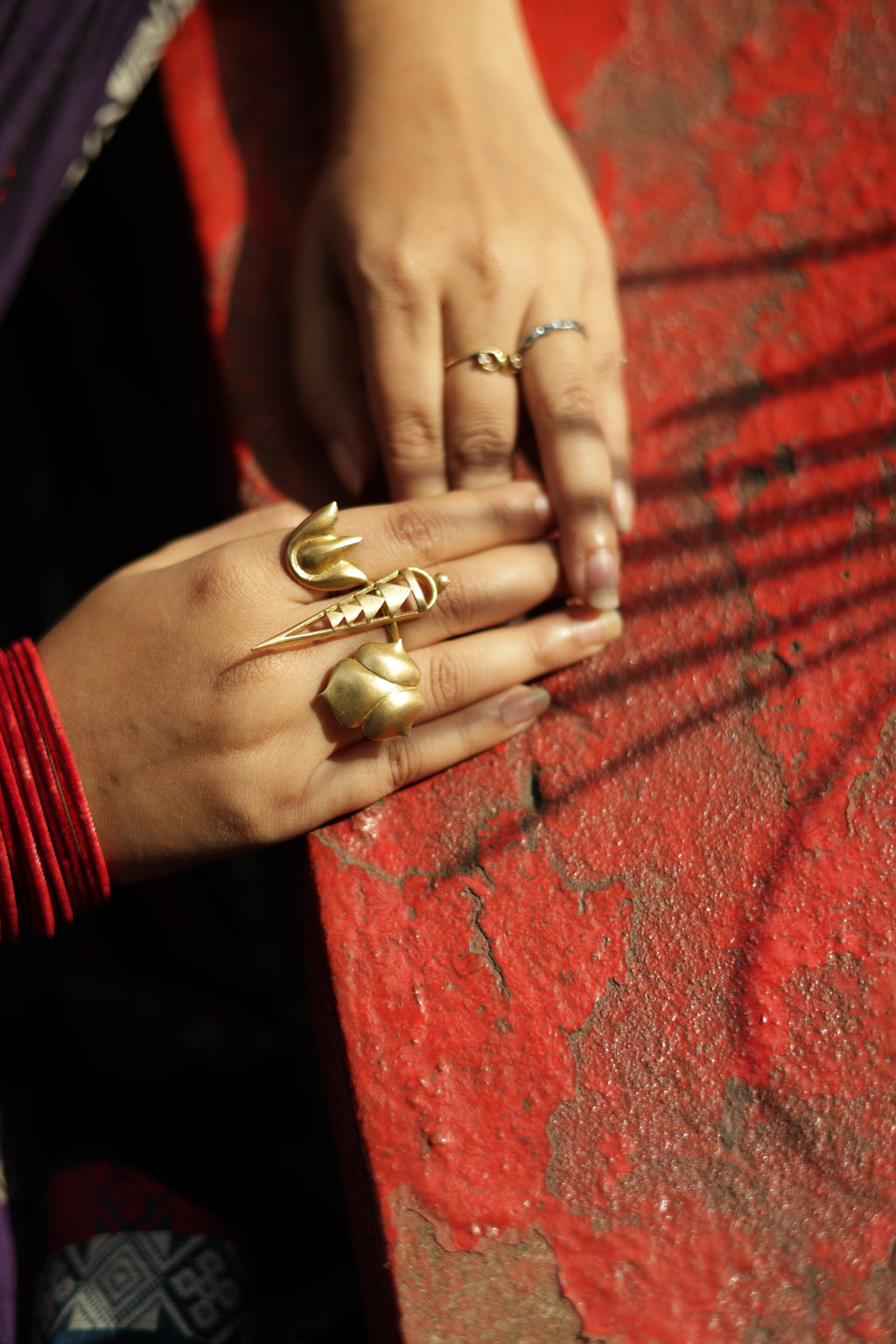 Lotus Bud • Brass Adjustable Finger Ring--Crimson Braid -Crimson Braid 
