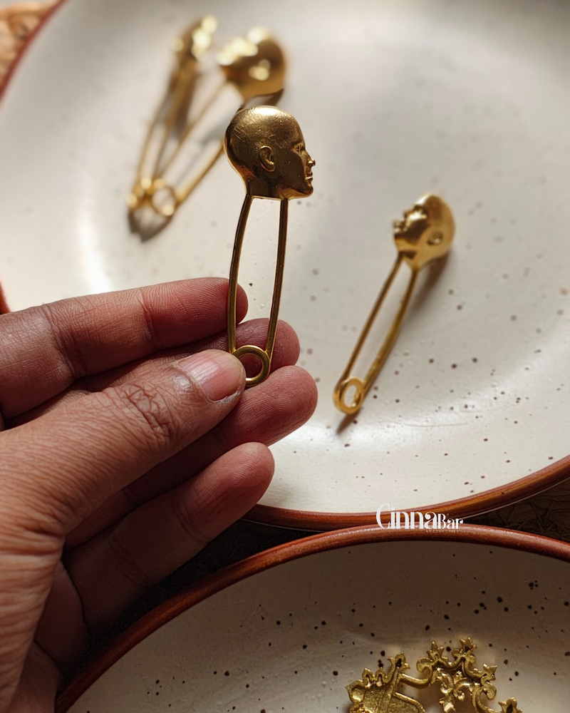 Head Safety Pin • Brass Earrings--Crimson Braid -Crimson Braid 