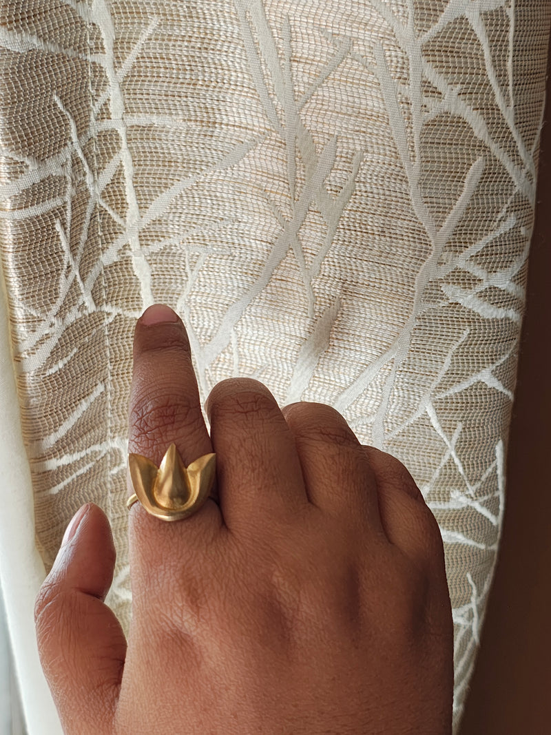 Lotus Finial • Brass Adjustable Finger Ring--Crimson Braid -Crimson Braid 