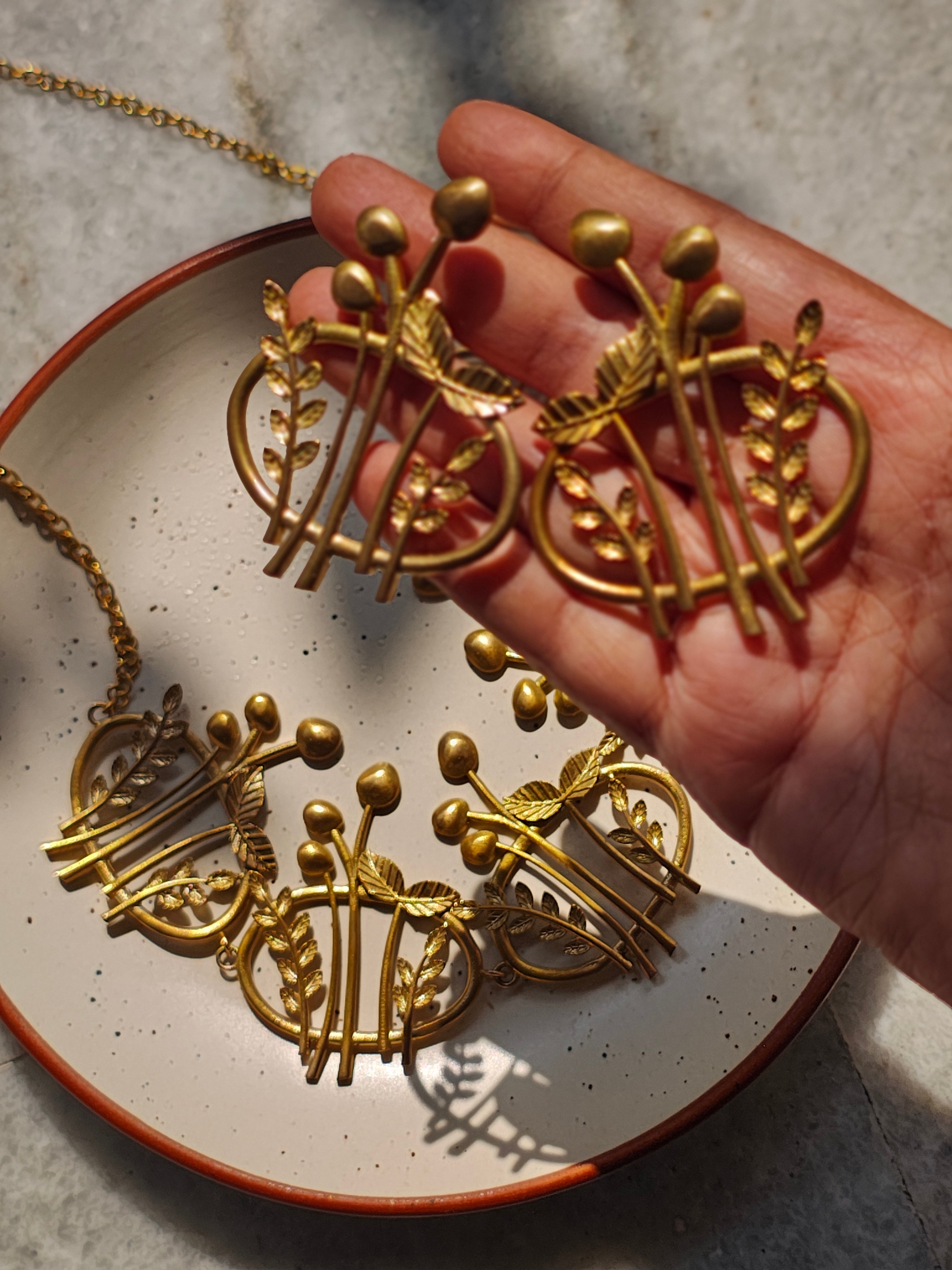 Four Leaves • Brass Earrings • Necpiece • Set--Crimson Braid -Collection State:As Collected (Complete Set)-Crimson Braid 